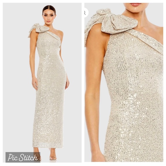 New IEENA MAC DUGGAL
Beige Sequined Bow One Shoulder Column
Gown Sz: 6 #11283 - Picture 1 of 10